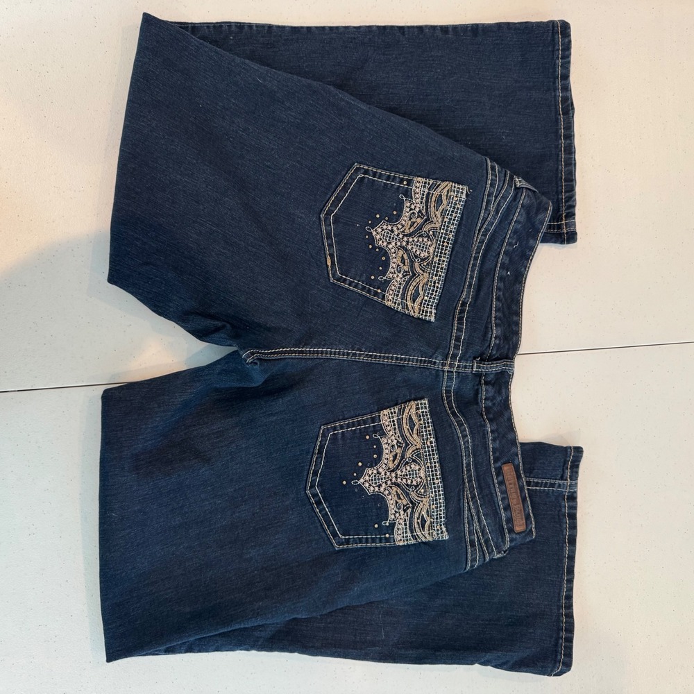 Y2K Embroidered Pocket Women 14 Short Rhythm In Blues Bootcut Flare Dark Jeans